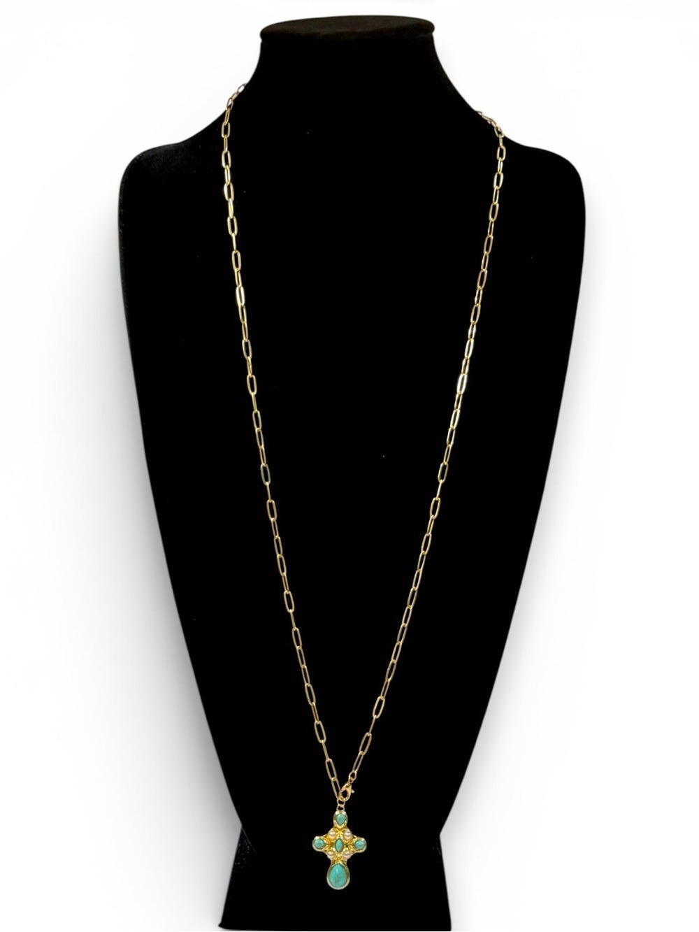 Gold Chain Necklace Turquoise Cross Pendant